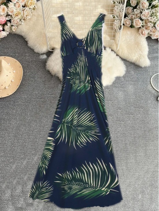 Palm Leaves V -Neck Sleeveless Summer Dress